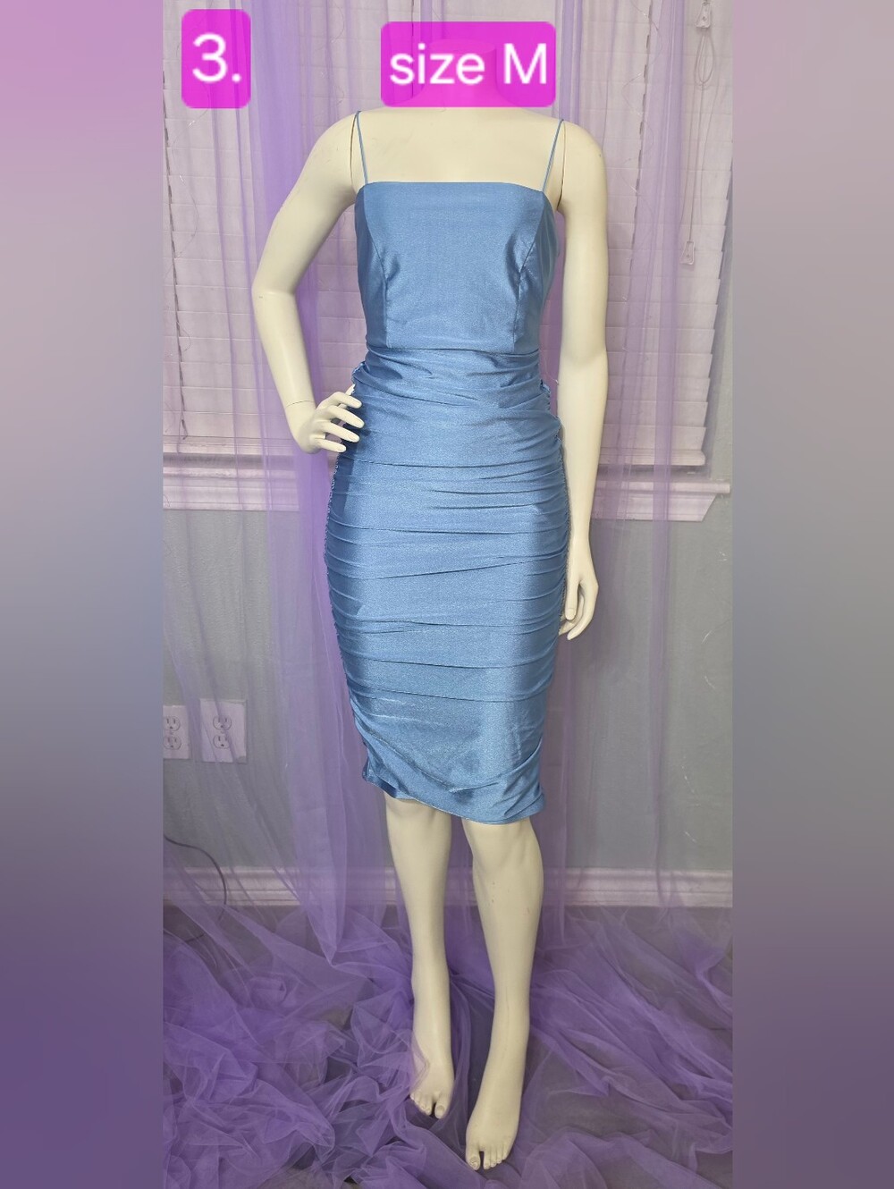 Shimmery Blue Ruched Midi Dress with Spaghetti Straps